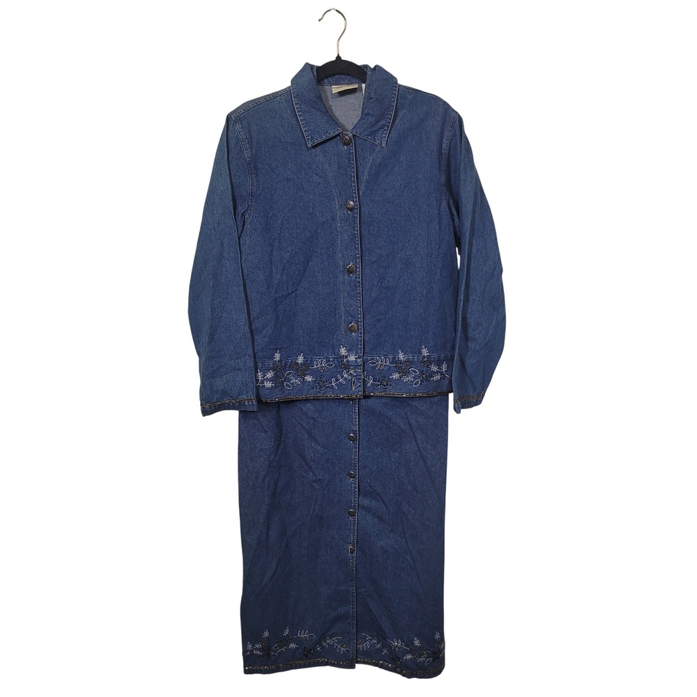 Field Manor Size 12 Denim Dress and Jacket Set Womens Embroidered Beaded Blue